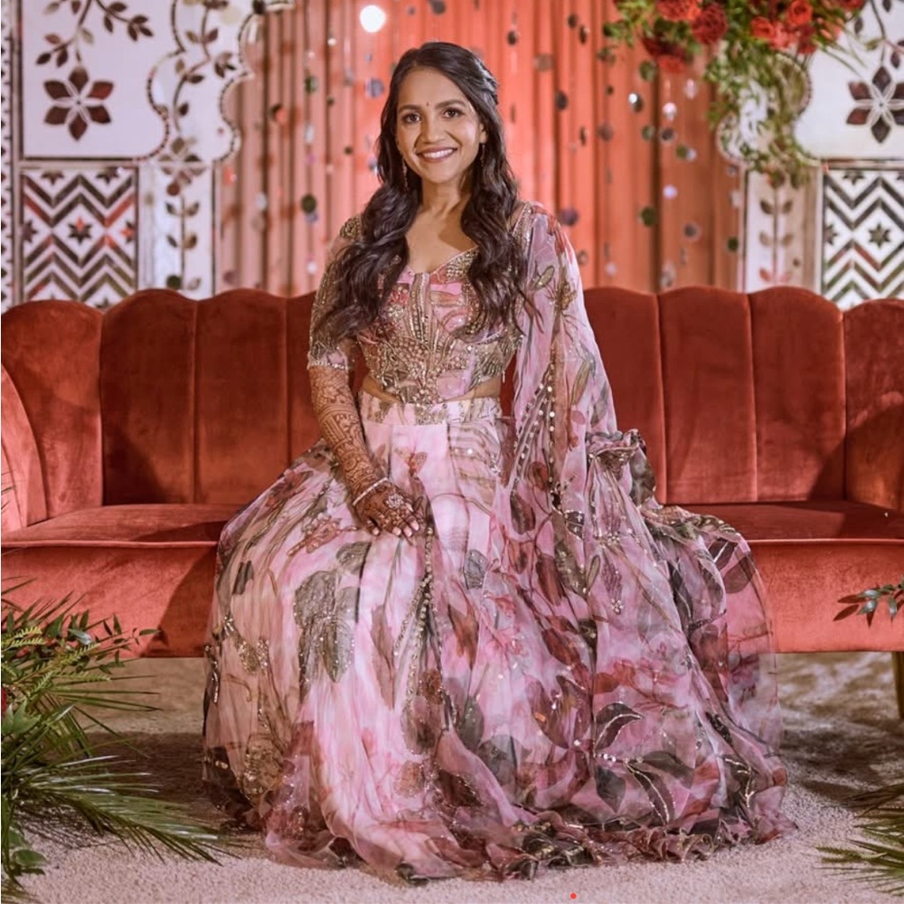 Elegant Pink Red Floral and Gold Embroidered Mahima Mahajan Lehenga